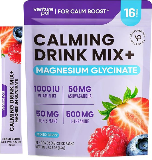 Venture Pal Magnesium Glycinate Powdered Calming Drink Mix with Ashwagandha, Vitamin D, L-Theanine, Lions Mane, Sugar Free Magnesium Supplement Blend for Calm, Relax & Focus, Non GMO, Vegan, 16 Sticks