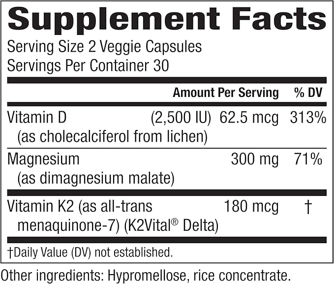 Magnesium Malate + Vegan Vitamin D3 + Stabilized Vitamin K2, Complete Support Supplement for Cellular Energy, Cardiovascular, Immune and Metabolic Health & Bone Strength, 90 Veggie Caps