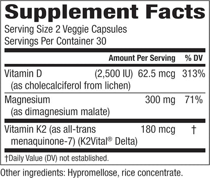 Magnesium Malate + Vegan Vitamin D3 + Stabilized Vitamin K2, Complete Support Supplement for Cellular Energy, Cardiovascular, Immune and Metabolic Health & Bone Strength, 90 Veggie Caps