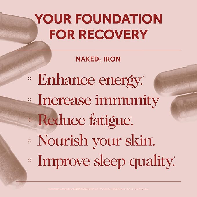 Naked Iron 65mg, 325mg Ferrous Bisglycinate - High Potency Iron Supplement for Iron Deficiency, Cellular Energy Support, Promotes Healthy Red Blood Cell Production, Non-GMO, Gluten-Free, 60 Capsules