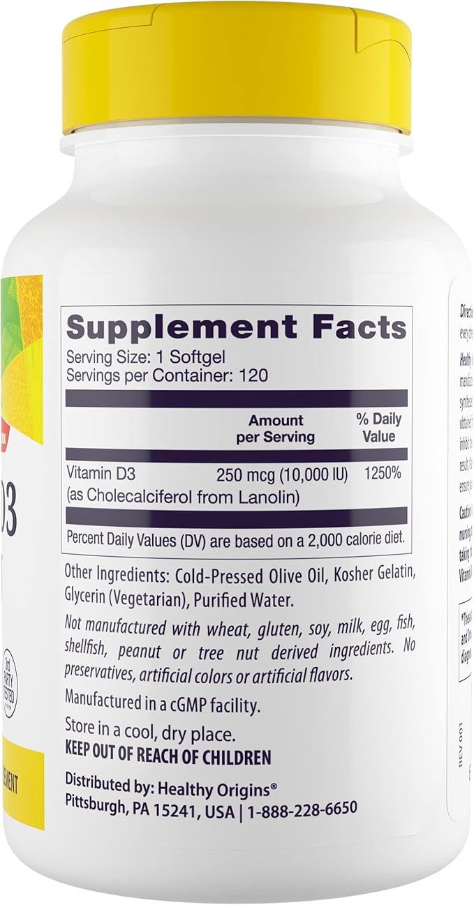 Healthy Origins Vitamin D3 10,000 IU (Non-GMO), 120 Softgels