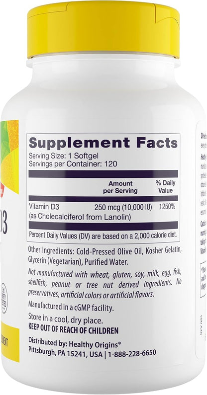 Healthy Origins Vitamin D3 10,000 IU (Non-GMO), 120 Softgels