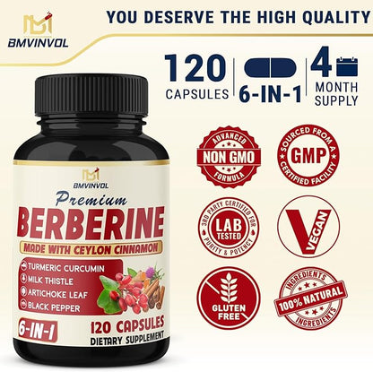 BMVINVOL 6in1 Berberine Supplement with Ceylon Cinnamon, Tumeric Root, Milk Thistle, Artichoke, Black Pepper -120 Capsules for 4 Month Supply