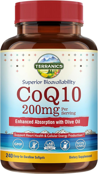 Terranics CoQ10 200mg, Coenzyme Q10 Supplement with Extra Virgin Olive Oil for Enhanced Absorption, Made in USA, Supports Heart Health, Antioxidant Protection, Energy Production, Non-GMO, 240 Softgels