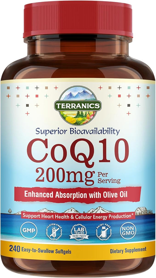 Terranics CoQ10 200mg, Coenzyme Q10 Supplement with Extra Virgin Olive Oil for Enhanced Absorption, Made in USA, Supports Heart Health, Antioxidant Protection, Energy Production, Non-GMO, 240 Softgels