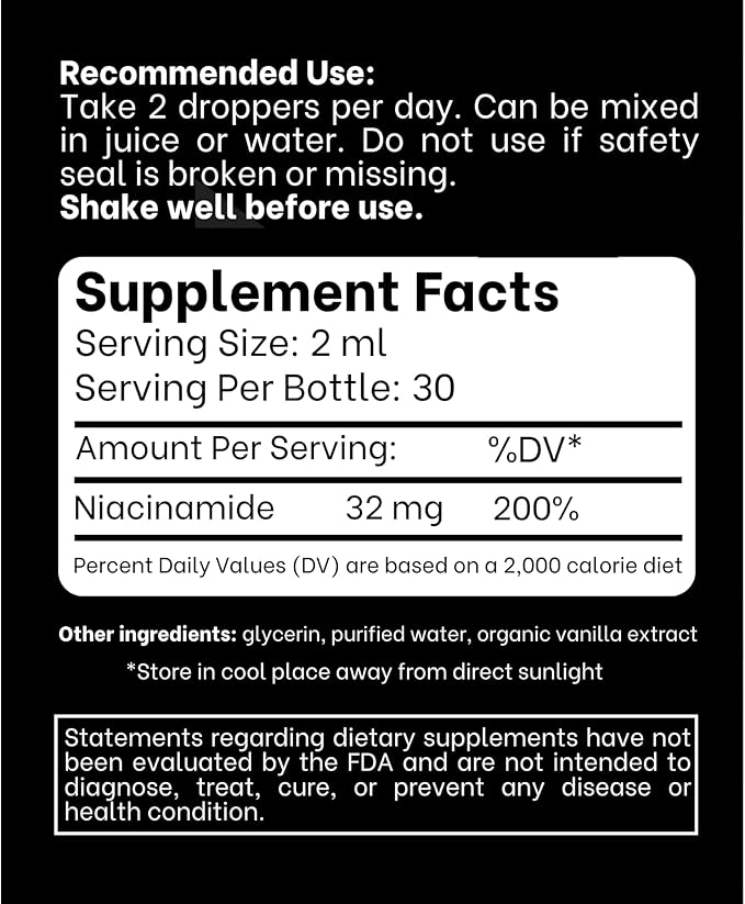 Vitamin B3 Niacinamide Liquid - Non Flush Form of B3 Niacin - Convenient Vitamin B3 Niacinamide Drops for Women and Men - Easy to Swallow 2oz (60ml)