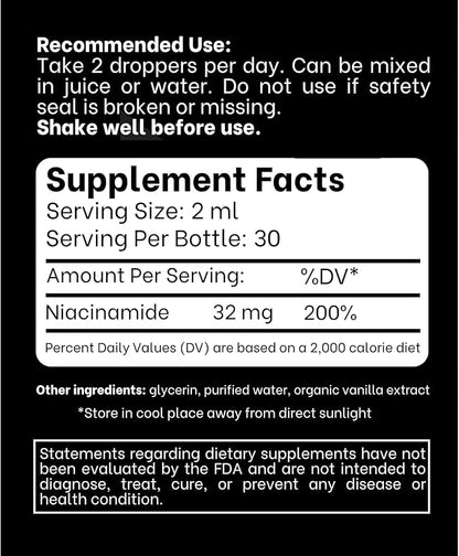 Vitamin B3 Niacinamide Liquid - Non Flush Form of B3 Niacin - Convenient Vitamin B3 Niacinamide Drops for Women and Men - Easy to Swallow 2oz (60ml)