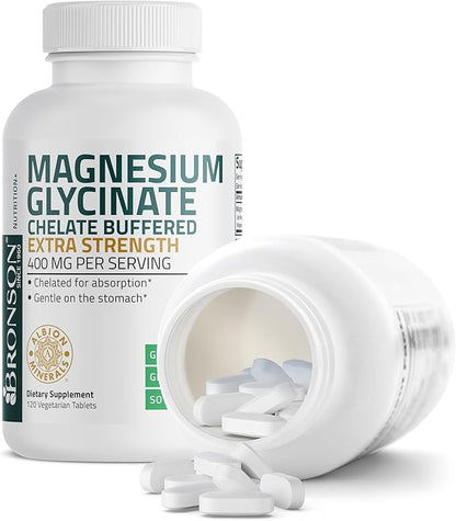 Bronson Magnesium Glycinate 400mg Extra Strength, Vegetarian, Chelated for Absorption Gentle on The Stomach, Non-GMO, 120 Tablets