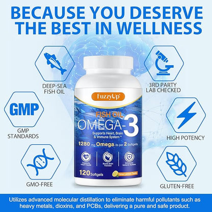 Omega 3 Fish Oil,Fish Oil Omega 3 Supplement for Women & Men,1280mg Per Serving High EPA & DHA Supports Heart, Brain & Joint Health,Non-GMO