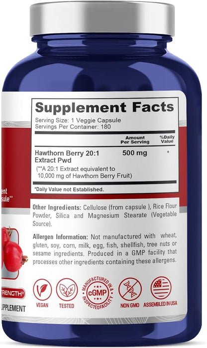 NusaPure Hawthorn Berry 10,000mg per Veggie Caps, 180 Count, Extract 20:1, Vegan, Non-GMO