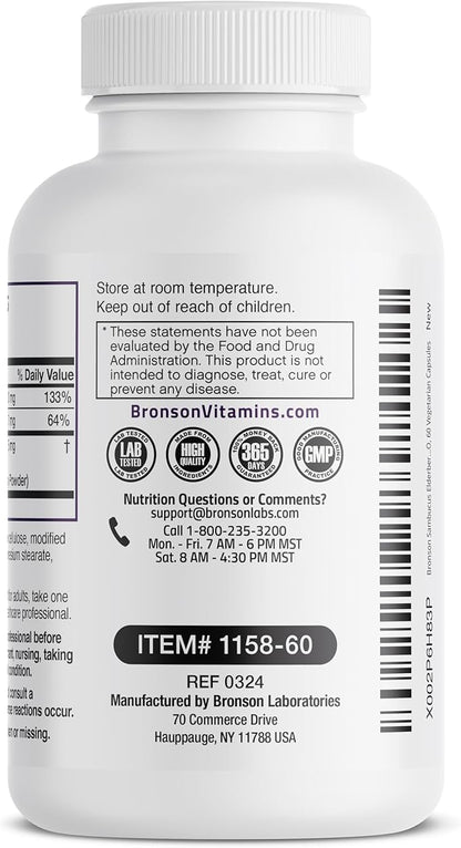 Bronson Sambucus Elderberry with Zinc & Vitamin C Triple Immune Support Complex Immune & Antioxidant Protection, Non-GMO, 60 Vegetarian Capsules