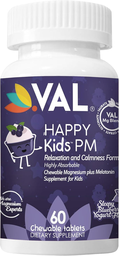 VAL Sugar-Free Calm Magnesium for Kids PM Chewable Tablets | Magnesium Glycinate, Citrate & Taurate | Melatonin & Vitamins B6 & C | Bedtime Support | Non-GMO | Blueberry Yogurt Flavor | 60 Count
