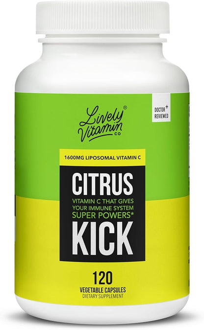 LIVELY VITAMIN CO. Citrus Kick - Liposomal Vitamin C - Sunflower Lecithin - Immune Function - Highly Absorbable - Collagen Synthesis - Eye Health Immunity - Gluten Dairy Soy Free - 120 Capsules