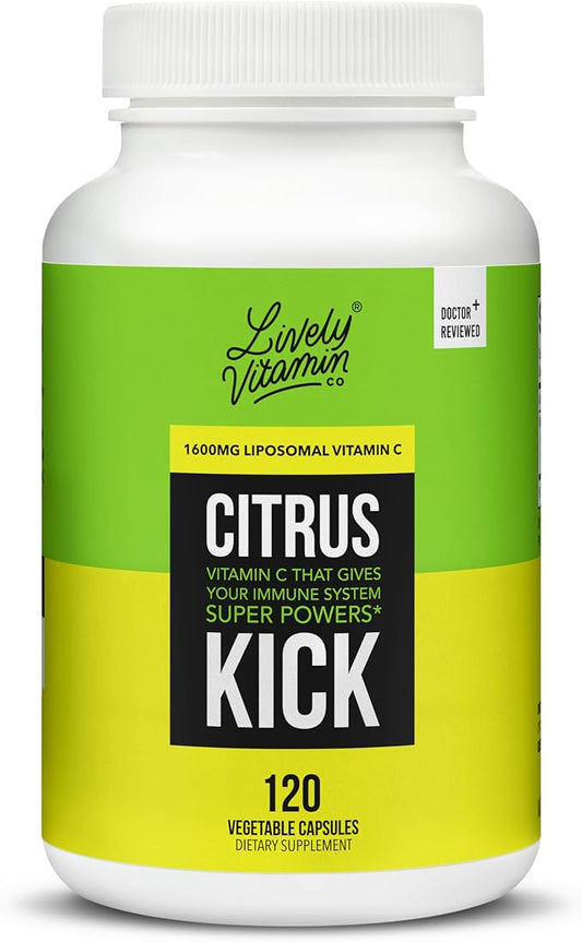 LIVELY VITAMIN CO. Citrus Kick - Liposomal Vitamin C - Sunflower Lecithin - Immune Function - Highly Absorbable - Collagen Synthesis - Eye Health Immunity - Gluten Dairy Soy Free - 120 Capsules