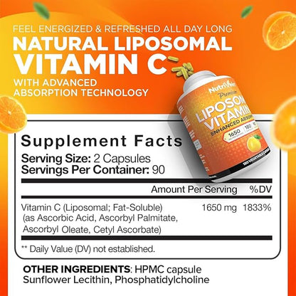 Nutrivein Premium Liposomal Vitamin C Supplement 1650mg - 180 Caps: High-Absorption Vitamin C Capsules for Whole-Body Defenses & Overall Well-Being