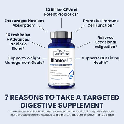 1MD Nutrition BiomeMD Probiotics | 62 Billion CFUs, 15 Comprehensive Strains - Pro & Prebiotics | Doctor-Formulated for Digestive Health & Immune Support | 60 Capsules