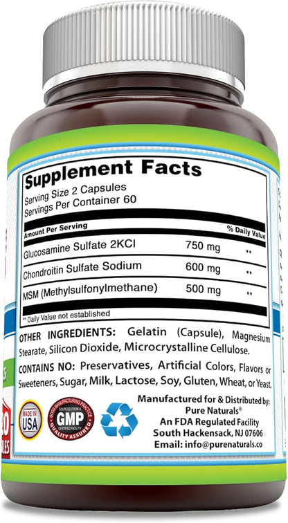 Pure Naturals Glucosamine Chondroitin & MSM Supplement | 1850 Mg per Serving | 120 Capsules | Non-GMO | Gluten-Free | Made in USA