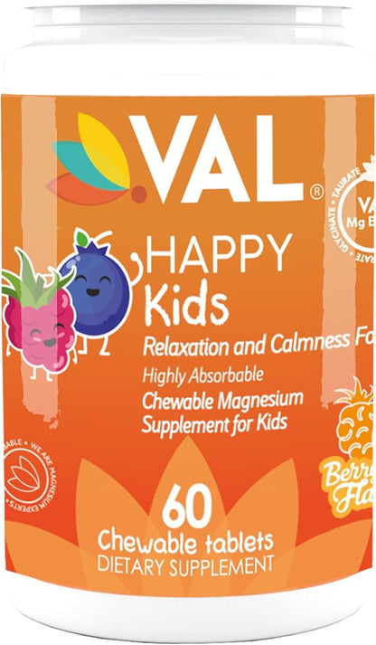 VAL Magnesium for Kids | High-Absorption Magnesium for Calm, Relaxation & Focus | Mg Glycinate, Citrate & Taurate | with Vitamin B6, D & C | Sugar-Free, Non-GMO | 60 Chewable Tablets