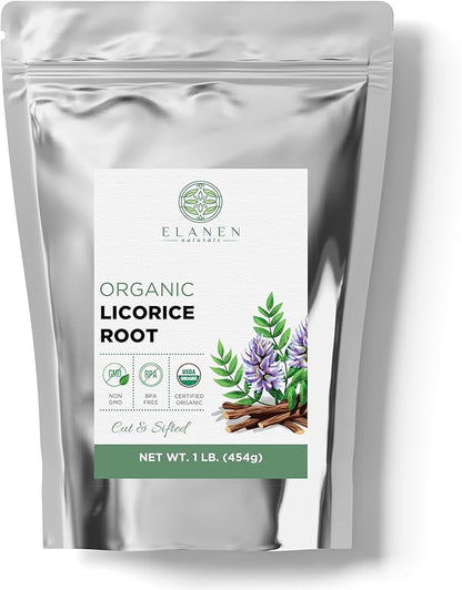 Organic Licorice Root 1 lb. (16 oz.), USDA Certified Organic Licorice Root Tea, Licourice Bulk Chopped, Liquorice, Raiz de Regaliz Licrice, Glycyrrhiza glabra, Cut & Sifted