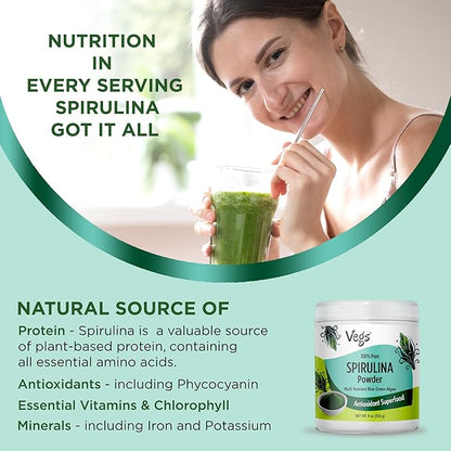 Organic Spirulina Powder - Blue Green Algae Plant-Based Superfood Blend - Antioxidant-Rich with Chlorophyll, Vitamins & Minerals for Cleansing, Energy & Immunity Support - Vegan, Non-GMO - 8 oz