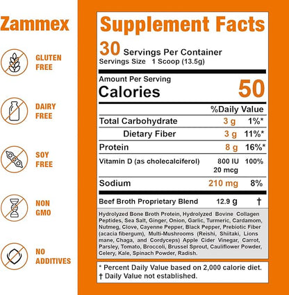 Zammex Bone Broth Plus Superfood Protein Powder (Turmeric Flavor), 8g Hydrolyzed Protein with Vitamin D, for Healthy Skin, Nails, Hair, Joints & Digestion,Non-GMO (30 Servings)