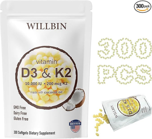 300 Pcs 2 in 1 Vitamin D3 10000 iu Plus K2 (MK-7) 200 mcg, Coconut Oil Softgels with Vitamins D & K, Supports Bone, Heart & Immune Health - Easy to Swallow & Non-GMO
