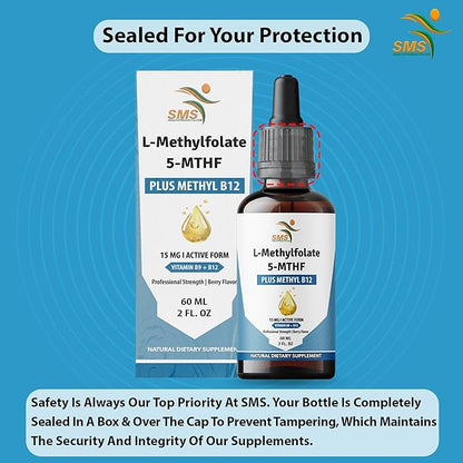 L-Methylfolate 15mg + Methyl B12 Liquid Drops – High Potency Sublingual Formula with Natural Berry Flavor – Active 5-MTHF & Bioactive B12 for Mood, Cognitive Health & Methylation Support (2oz)