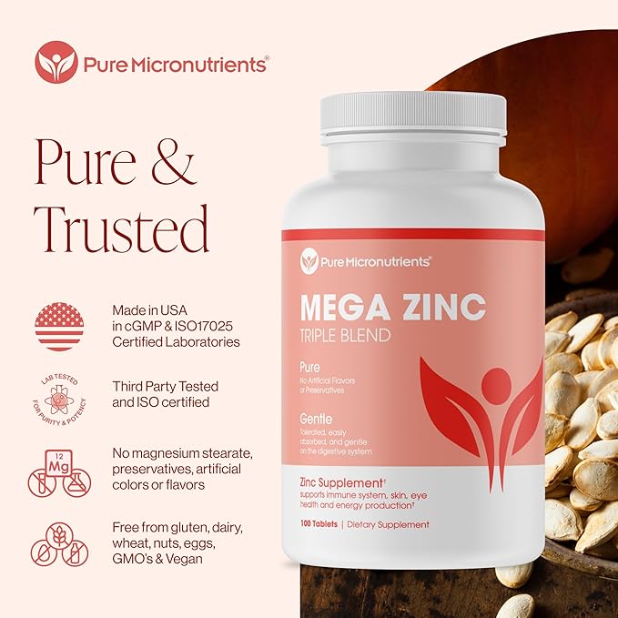 Mega Zinc Supplement, 50mg, 3-in-1 Zinc Complex, 100 Tablets - Pure Micronutrients
