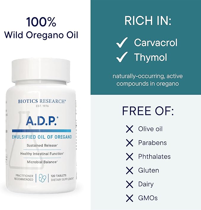 Biotics Research A.D.P.- Emulsified Oil of Oregano -Patented Formula, Wild Oregano Oil 50mg/S- Highly Concentrated Carvacrol - Sustained Release for High Absorption, GI Health –120 Tablets