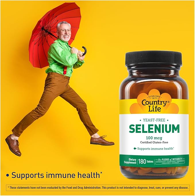 Country Life Selenium, Yeast Free, Supports Immune Health, 100mcg, 180 Tablets, Certified Gluten Free, Certified Vegan, Certified Halal
