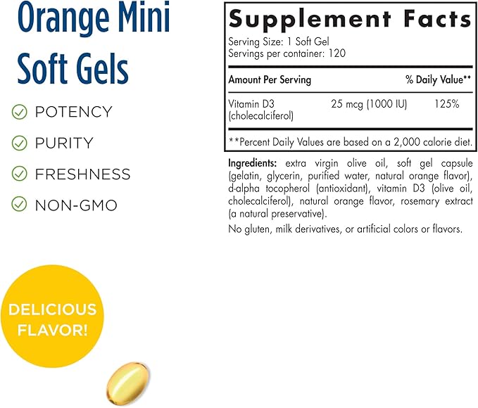 Nordic Naturals Pro Vitamin D3 1000, Orange - 120 Mini Soft Gels - 1000 IU Vitamin D3 - Supports Healthy Bones, Mood & Immune System Function - Non-GMO - 120 Servings