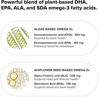 Complement Vegan Omega 3 Supplement- 960mg Omega-3 Fatty Acids, DHA, EPA, SDA, ALA Supplement - Immune Support- 60 Servings, 120 Liquid Capsules