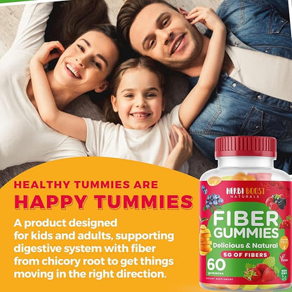 Prebiotic Fiber Gummies for Adults & Kids, Vegan Gummy Soluble Fiber with Inulin, Chicory Root Stimulating Enzymes for Digestion, Bloating Relief & Gut Health, Multicolor Natural Flavor Vitamins