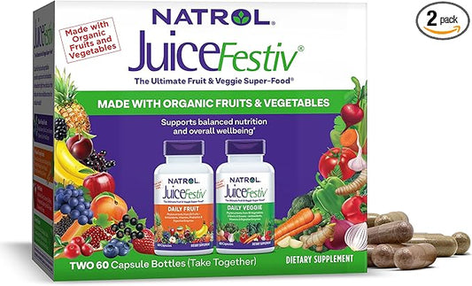Natrol JuiceFestiv, The Ultimate Fruit and Veggie Super-Food to Support Balanced Nutrition and Overall Well-Being, Plus Antioxidants for Cellular Health, 60 Capsules (2-Count), Up to a 30 Day Supply