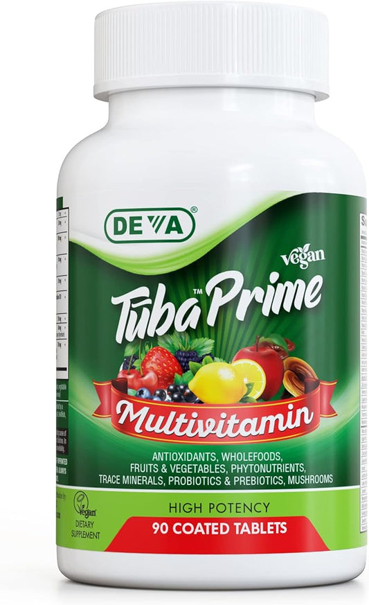 DEVA Tuba Prime Vegan Multivitamin - High-Potency Vitamin and Mineral Dietary Supplement - Antioxidants, Fruit and Vegetable Blend, Super Mushrooms, Probiotics, Prebiotics, Seeds, Herbs - 90 Tablets