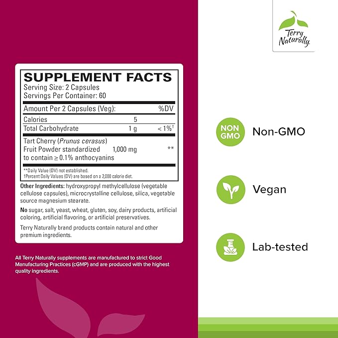 Terry Naturally Tart Cherry - Antioxidant Supplement to Support Healthy Uric Acid Balance & Joint Health - Nutritional Supplement - Dietary Supplement to Aid Recovery After Exercise - 120 Capsules