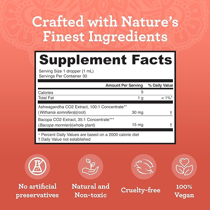 GuruNanda Liquid Ashwagandha with Bacopa (1 Fl Oz) - Natural Dietary Supplement- Liquid Extract Drops - for Men & Women- Vegan & Alcohol-Free - Aids in Immune, Focus & Relaxation Support