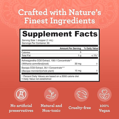 GuruNanda Liquid Ashwagandha with Bacopa (1 Fl Oz) - Natural Dietary Supplement- Liquid Extract Drops - for Men & Women- Vegan & Alcohol-Free - Aids in Immune, Focus & Relaxation Support