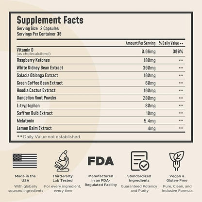 Night Burn Supplement: Raspberry Ketones Green Coffee Bean Hoodia Cactus Melatonin - Made in USA (60 Vegetarian Capsules)