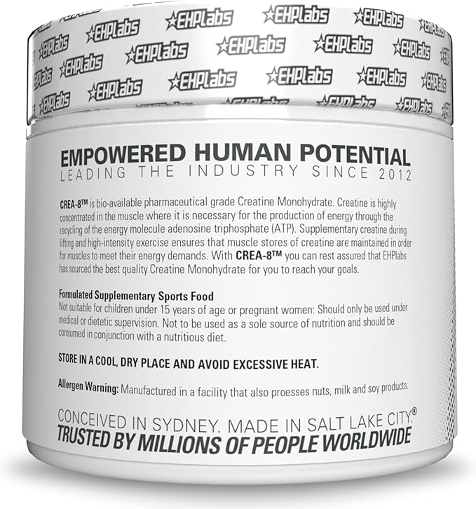EHP Labs CREA-8 Creatine Monohydrate Powder - Unflavored Creatine Powder for Muscle Growth, Increased Strength, Enhanced Energy Output and Improved Performance - 100 Servings (500g)