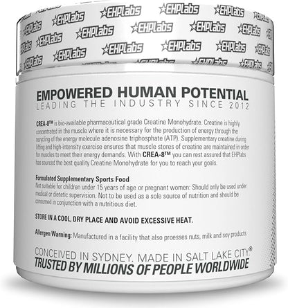 EHP Labs CREA-8 Creatine Monohydrate Powder - Unflavored Creatine Powder for Muscle Growth, Increased Strength, Enhanced Energy Output and Improved Performance - 100 Servings (500g)