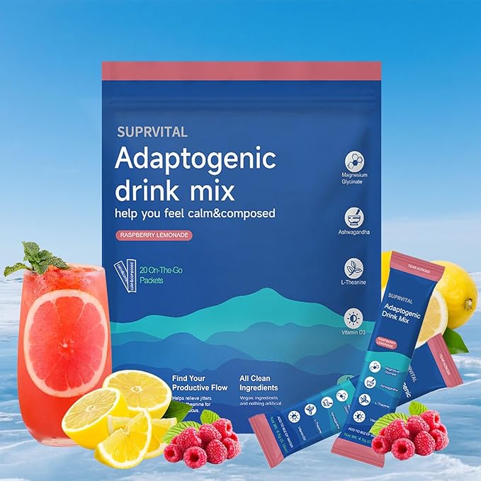 Powdered Drink Mix Calm, Adaptogenic Drink Mix Calm, Raspberry Lemonade, L Theanine,Ksm-66 Ashwagandha, Magnesium Glycinate, Vitamin D3, Relaxation & Focus, No Sugar, Non GMO