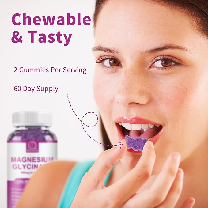 Magnesium Glycinate Gummies 400 mg, High Absorption Magnesium Glycinate Supplement with Potassium, Calcium, Vitamin D, B6 & CoQ10 for Night, Muscle Support Cranberry Flavor 60 Count (2 Packs)