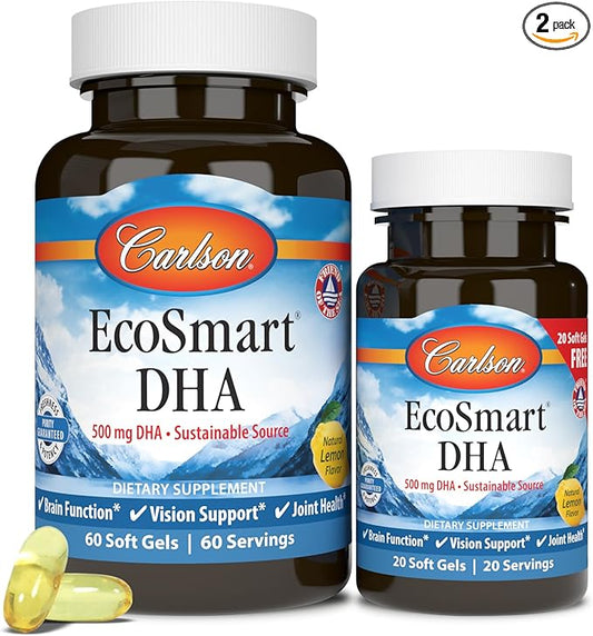 Carlson - EcoSmart DHA, 500 mg DHA, Sustainable Source, Healthy Vision & Brain Function, Lemon, 60+20 Softgels