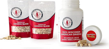 Dairyland American Ginseng Slices 16 oz and Capsules 150 ct Pack of Wisconsin Ginseng – Direct from Farmer to Consumer 西洋参