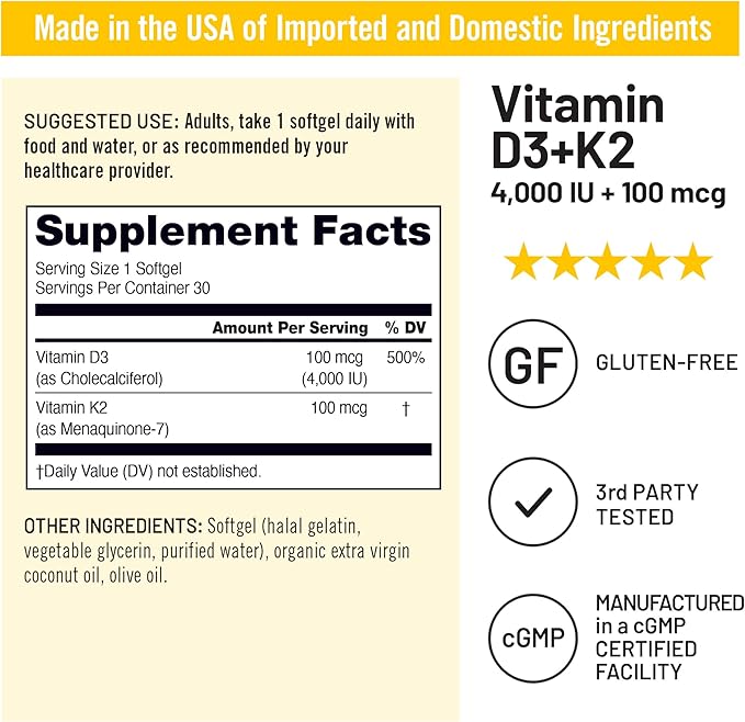 NatureWise Vitamin D3 4000IU + K2 (MK7) 100mcg with Organic Extra Virgin Coconut Oil - Supports Calcium Absorption, Bone & Immune Health - Non-GMO, Soy & Gluten-Free - 30 Softgels[1-Month Supply]