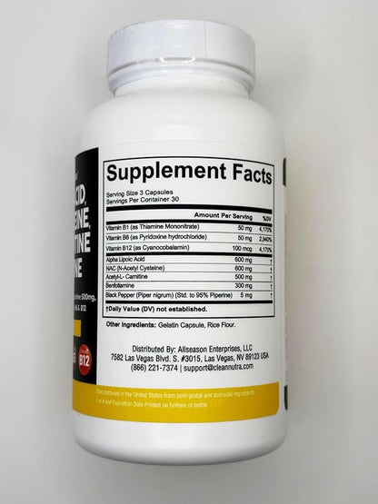 Alpha Lipoic Acid 600mg N-Acetyl Cysteine 600mg Acetyl L-Carnitine 500mg Benfotiamine 300mg - Nerve Support Supplement for Women and Men with Vitamin B1, B6 & B12 - Made in USA 90 Caps