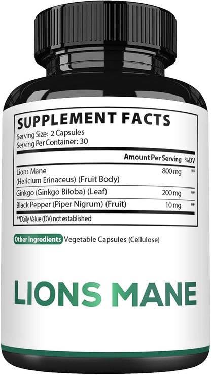 Lions Mane with Ginkgo Biloba Supplement - 60 Capsules - Extra Strength for Restful Mind, Brain Health, Immune System & Focus - Gluten-Free, Non-GMO