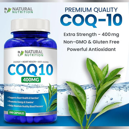 Natural Vitamin CoQ10 400mg 200 Capsules Maximum Strength High Absorption Gluten Free Non-GMO