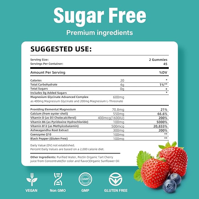 Magnesium Glycinate Gummies Sugar Free 90 for Adults & Kids,400mg Chewable Magnesium Gummies with 200mg L-Threonate,Ashwagandha,Vitamin D,B6,B12,Calcium for Sleep,Stress & Muscle,Relief,Mixed Berry